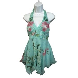 Sue Wong Nocturne Halter Blouse Aqua Floral Print Chiffon Flounce Y2K M
